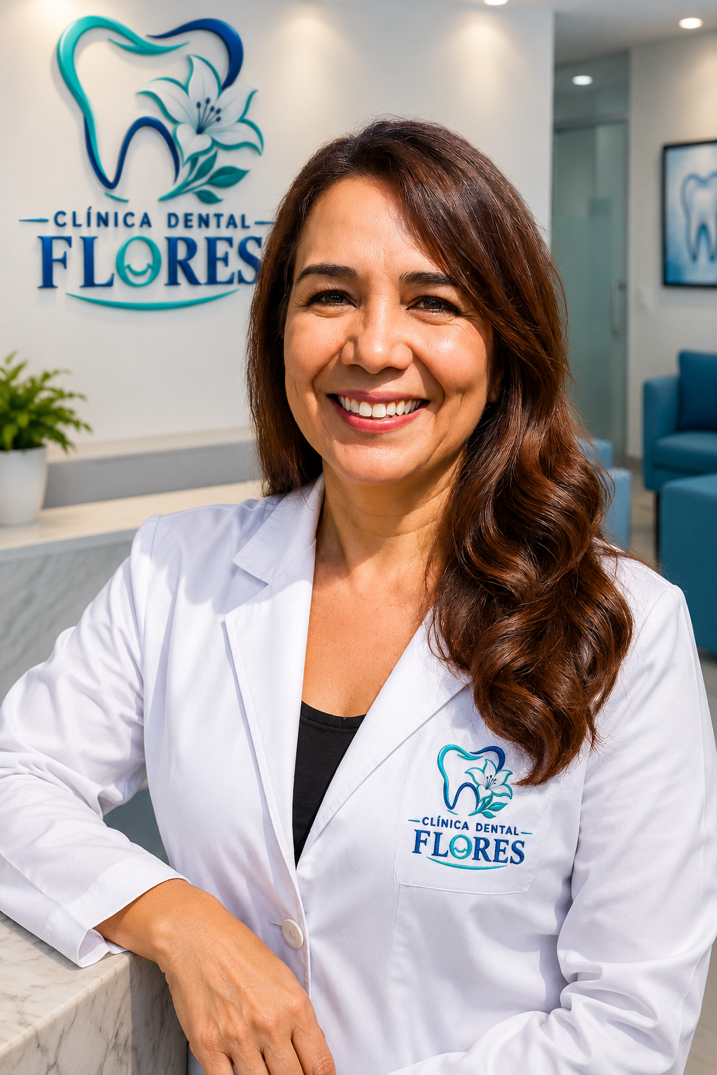 Odontóloga sonriendo en la moderna Clínica Dental Flores